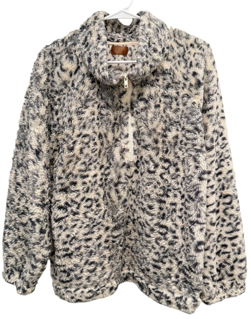 POL Animal Print Half Zip Pullover Sherpa Sherling Sweatshirt Top Leopard Sm
